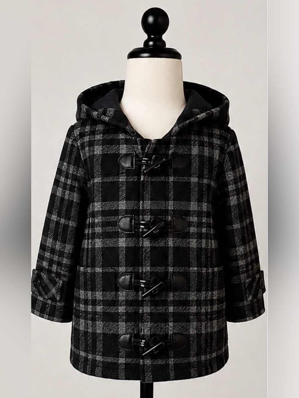 Janie and Jack Baby Boy Wool Blend Toggle Coat 6-12 Black Gray Plaid Hood Jacket